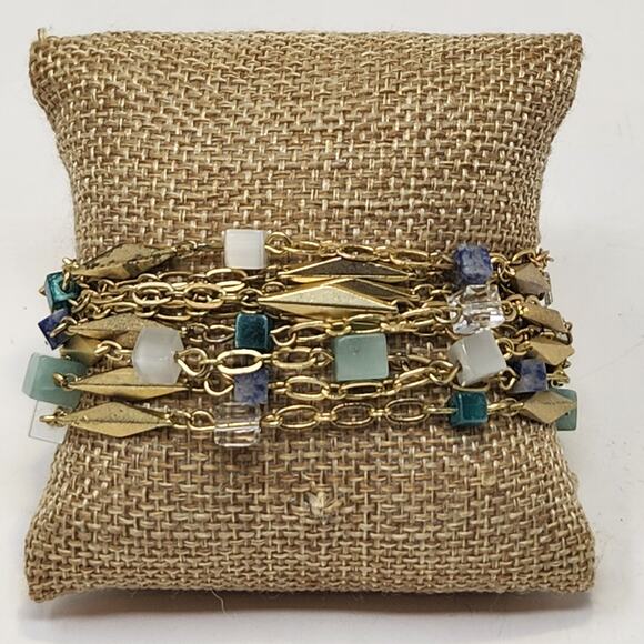 Ann Taylor LOFT Multi Chain Bracelet Gold Tone Teal Glass Beads Toggle Closure - Picture 1 of 7